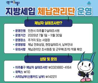 지방세입 체납관리단 운영
운영인원: 인천시 미추홀구실태조사원
운영기간: 2026. 7. 1. ~ 11. 30.
운영장소: 주거지 또는 사업장
전화: 위택스 110 or 미추홀구 체납자 실태조사반 032)880-4164