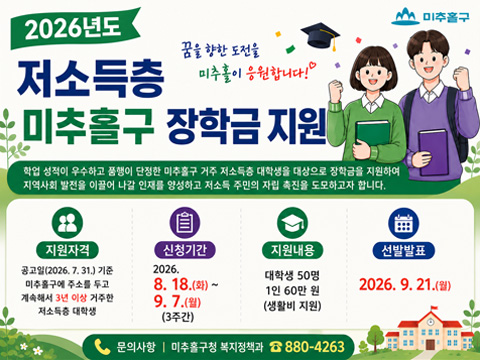 2026년도 저소득층 미추홀구 장학금 지원

지원자격: 공고일(2026. 7. 31.) 기준 미추홀구에 주소를 두고 계속해서 3년 이상 거주한 저소득층 대학생
신청기간: 2026. 8. 18.(화) ~ 9. 7.(월) (3주간)
지원내용: 대학생 50명 1인 60만 원(생활비 지원)
선발발표: 2026. 9. 21.(월)

문의사항 미추홀구 복지정책과 880-4263