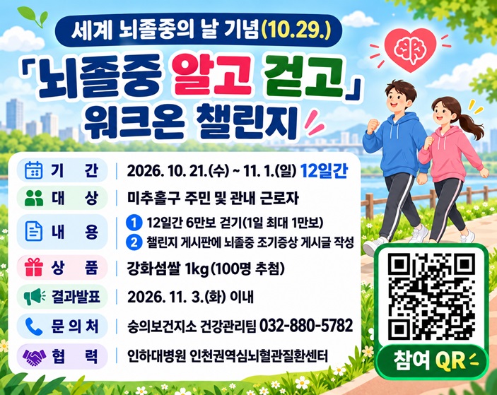 세계 뇌졸중의 날 기념(10.29.)「뇌졸중 알고 걷고」 워크온 챌린지
기    간: 2026. 10. 21. (수) ~ 11. 1.(일) 12일간
대    상: 미추홀구 주민 및 관내 근로자
내    용: ① 12일간 6만보 걷기(1일 최대 1만보)
          ② 챌린지 게시판에 뇌졸중 조기증상 게시글 작성
상    품: 강화섬쌀 1kg(100명 추첨)
결과발표: 2026. 11. 3.(화) 이내 
문 의 처: 숭의보건지소 건강관리팀 032-880-5782
협    력: 인하대병원 인천권역심뇌혈관질환센터