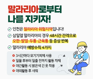 말라리아로부터 나를 지키자!
 인천은 말라리아 위험지역입니다!
 삼일열 말라리아의 경우 48시간 간격으로 오한·발열·두통·근육통 등 증상 반복
 말라리아 예방수칙 4가지
- 3시간마다 모기기피제 사용
- 일몰 후부터 일출 전까지 활동 자제
- 야간활동 시 밝은색 긴 옷 착용
- 야외활동 후 샤워