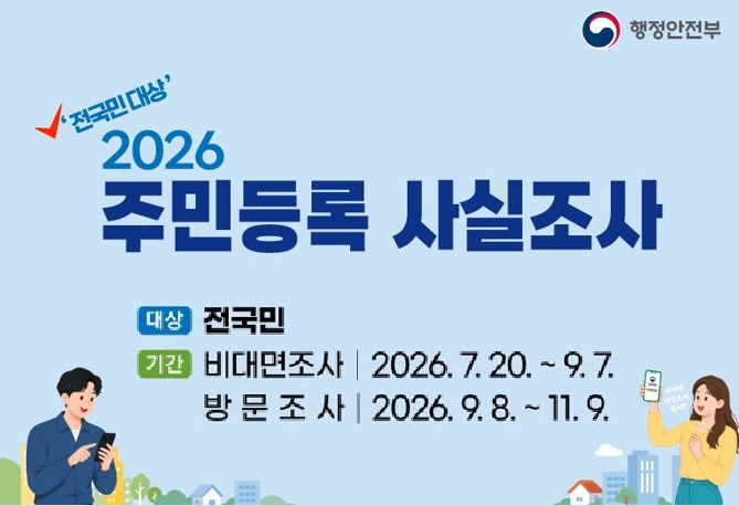 주민등록사실조사

2026 주민등록 사실조사
대상: 전국민
기간: 비대면조사: 2026. 7. 20. ~ 9. 7.
        방문조사: 2026. 9. 8. ~ 11. 9. 